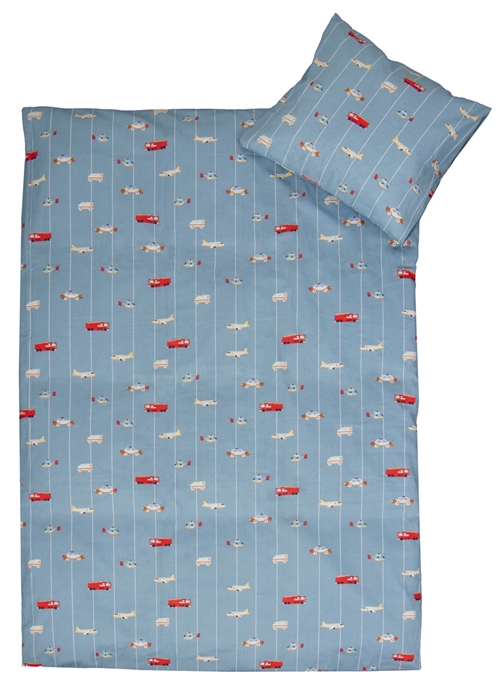 Juniorsängkläder 100x140 cm - Blå med bilar och flygplan - 100% bomullsängkläder