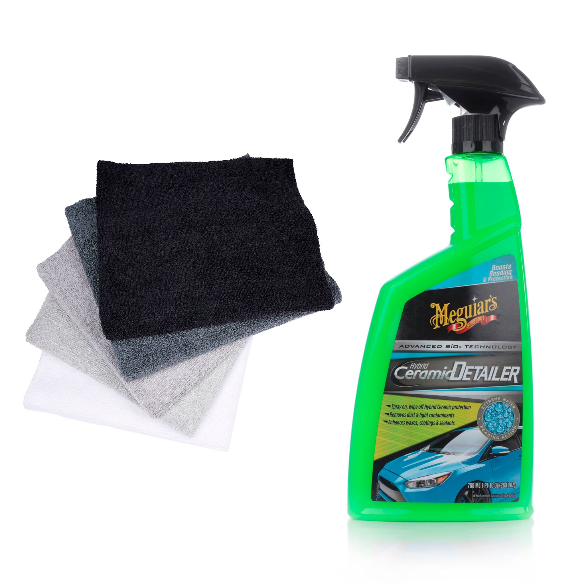 Rengörande snabbvax Meguiars Hybrid Ceramic Detailer, 768 ml, Flaska + Mikrofiberdukar (5st)