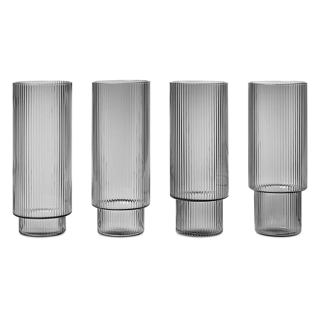 Ferm Living, Ripple Long Drink Glas 4-pack - Smoked Grey