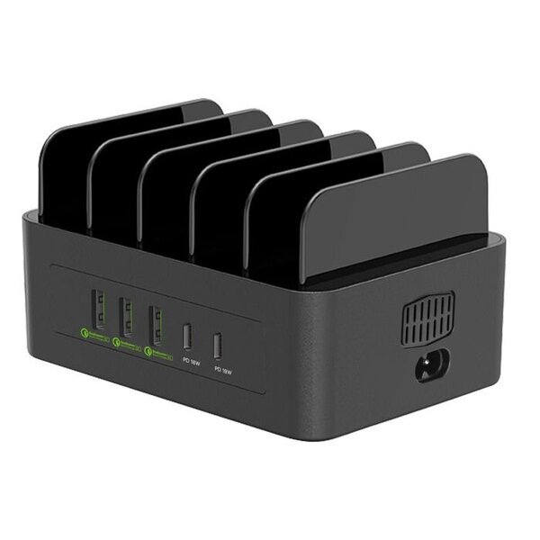 100W Latausasema 3 USB:lla ja 2 USB-C:llä Kompakti Tuuletin Musta