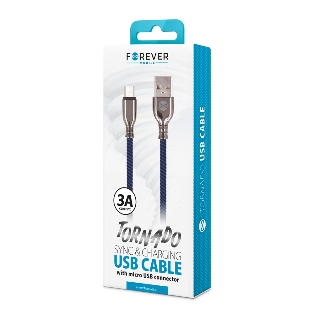 Forever Tornado micro-USB lataus- ja synkronointikaapeli 1m 3A tummansininen