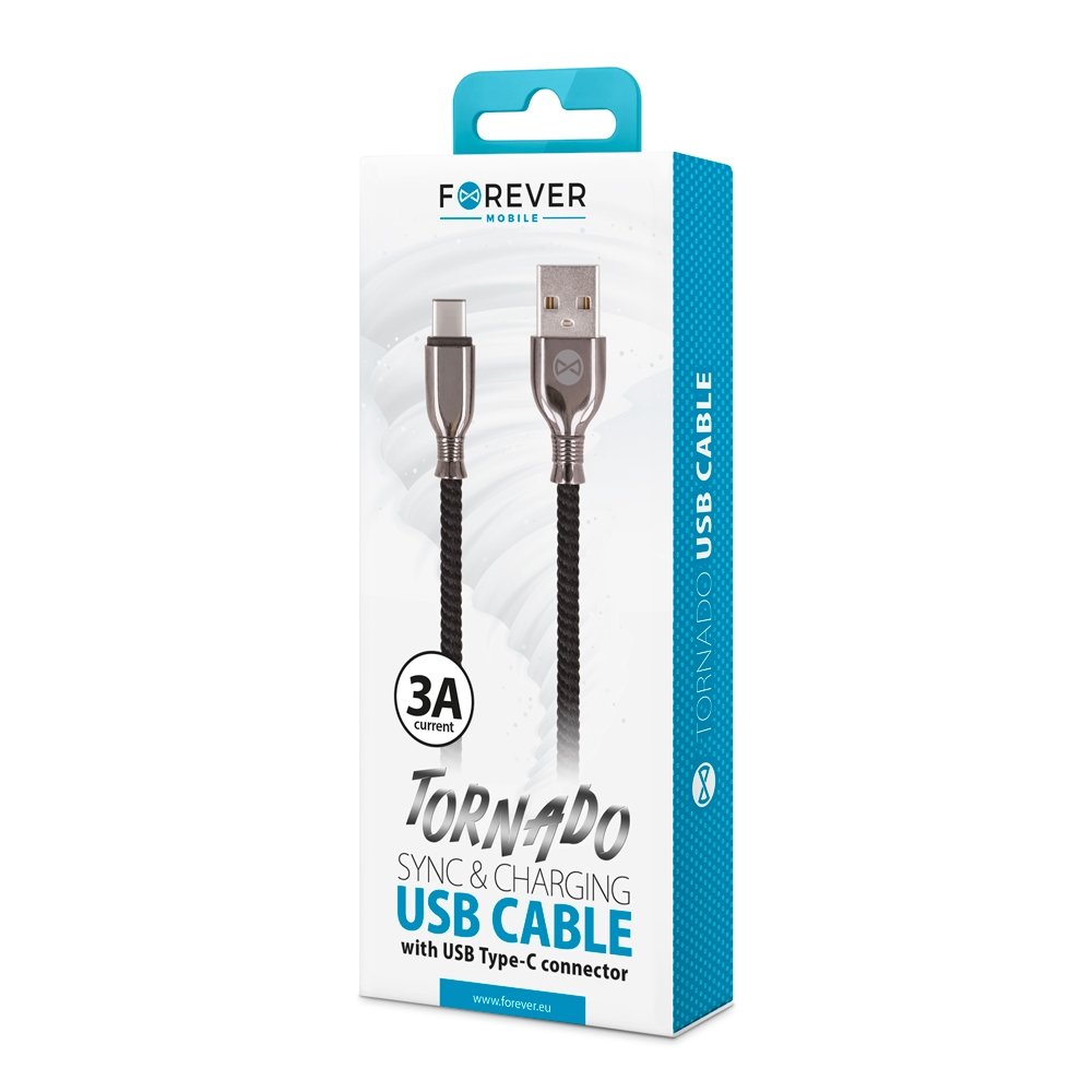 Forever Tornado USB-C lataus- ja synkronointikaapeli 1m 3A musta