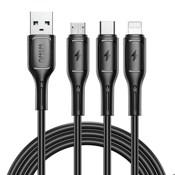 3-in-1 USB-C, Micro USB ja Lightning USB-liitäntäjohto 1m wiwu Musta