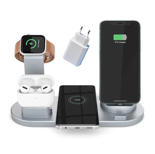 6 in 1 langaton monilaturi iPhonelle + Apple Watch + Airpods + muille puhelimille (VALKOINEN)