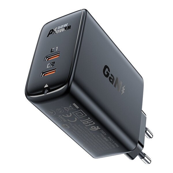 Kaksinkertainen USB-C PD 50W musta GaN laturi