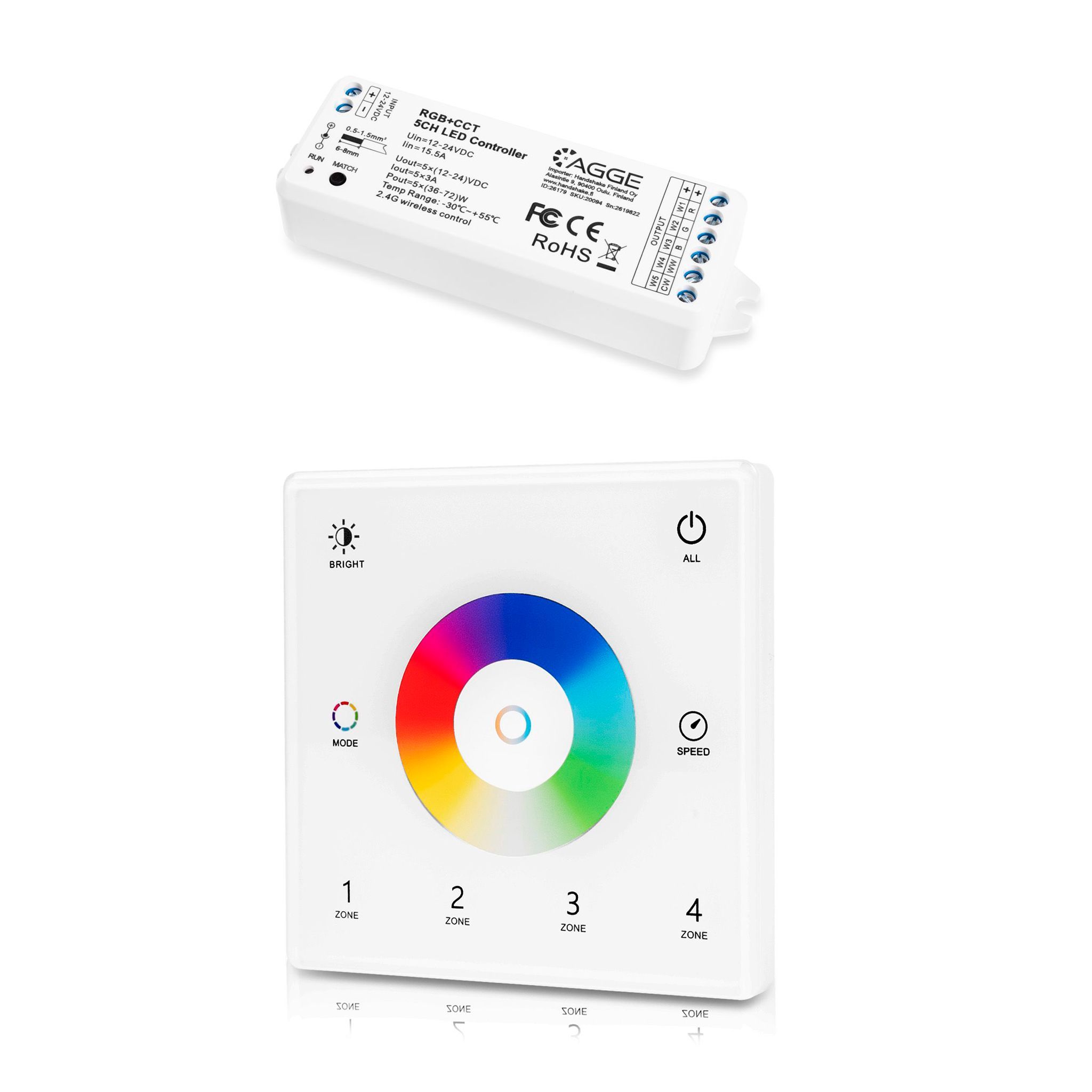 Fjärrkontroll för LED-list AGGE RGB+CCT Wall Mount Touch Panel 4-zones, RF 2.4 GHz, Fjärrkontroll + Drivdon