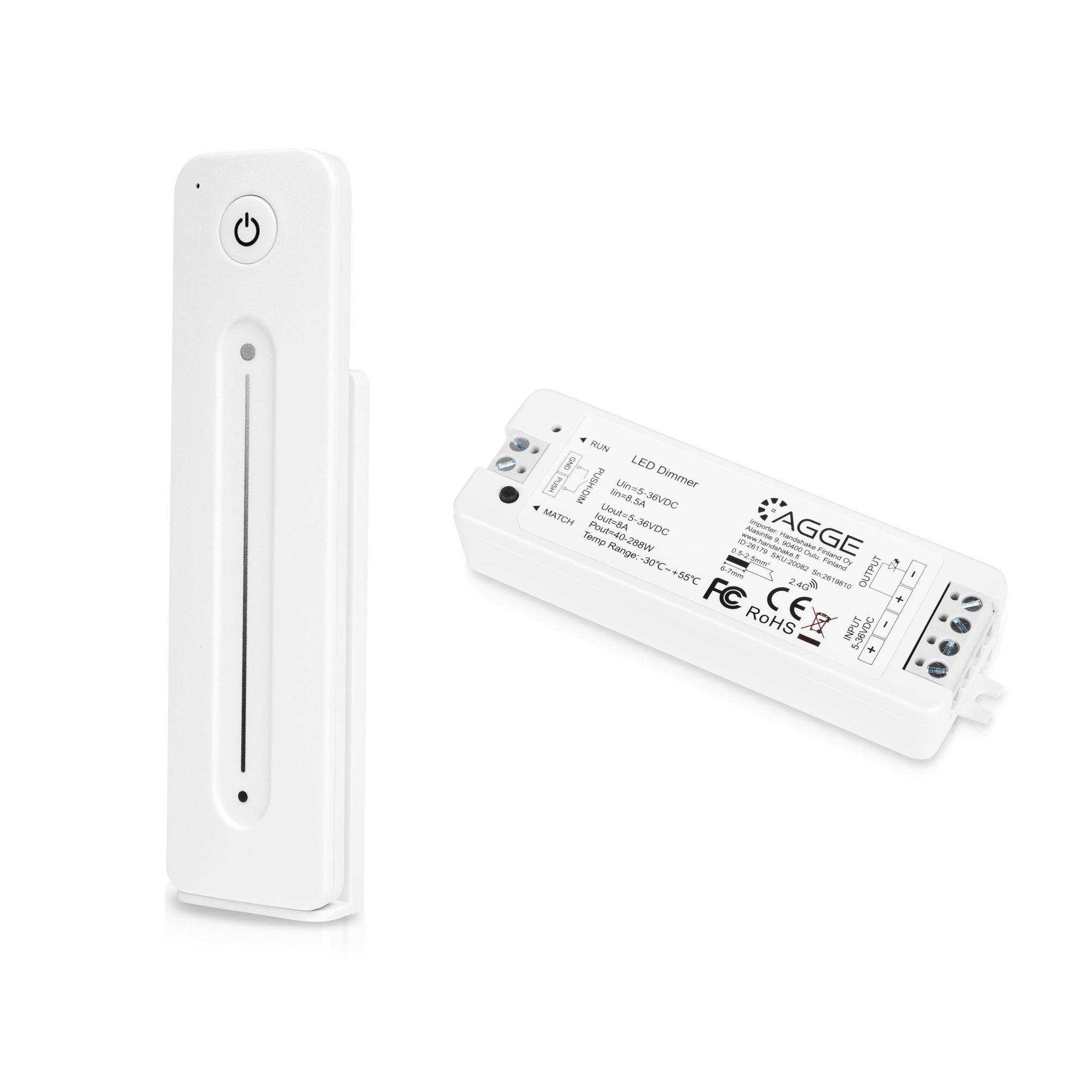 Fjärrkontroll för LED-list AGGE Dimming Touch Slide, RF 2.4 GHz, Vit fjärrkontroll + Drivdon
