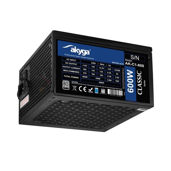 ATX Virtalähde 600W Akyga AK-C1-600, P4+4, 2x PCI-E 6+2-pin, 5x SATA, 3x Molex, APFC, 12cm tuuletin