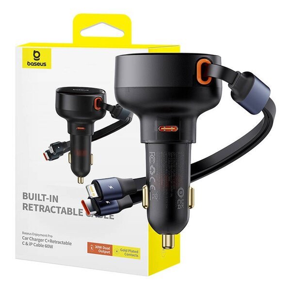 Autolaturi USB-C:llä ja kierrekaapelilla, 60W, musta