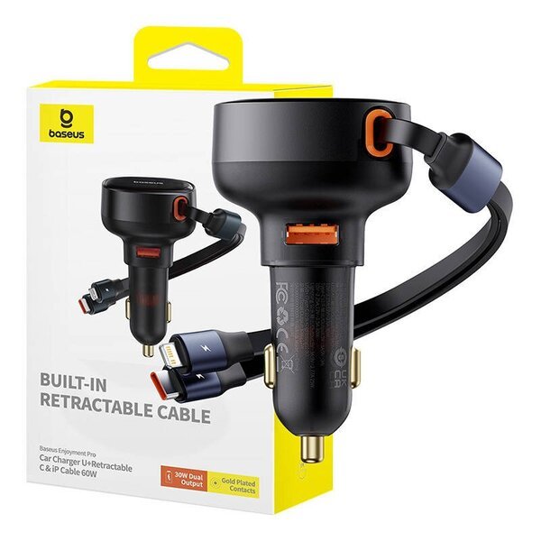Autolaturi USB-A ja USB-C kaapelilla, 60 W, musta