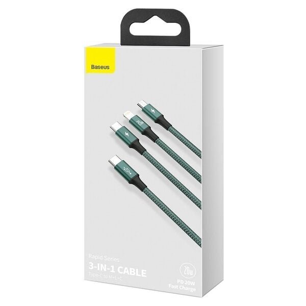 Baseus Rapid 3in1 USB Type C - USB Type C / Lightning / micro USB -kaapeli 20 W 1,5 m Vihreä (CAMLT-SC06)