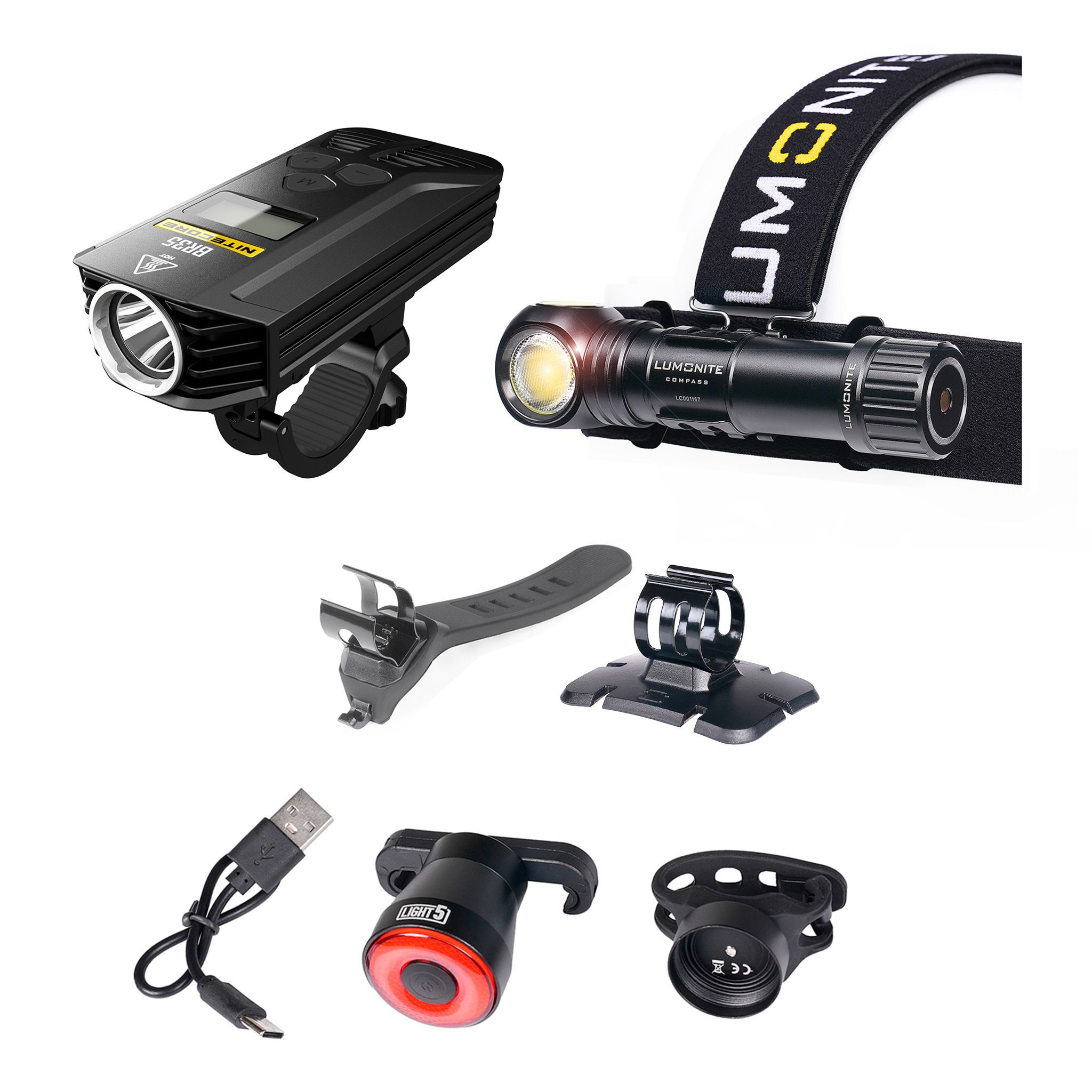 Cykellampspaket LUMONITE + Nitecore, Framlampa + Hjälmlampa + Baklampa