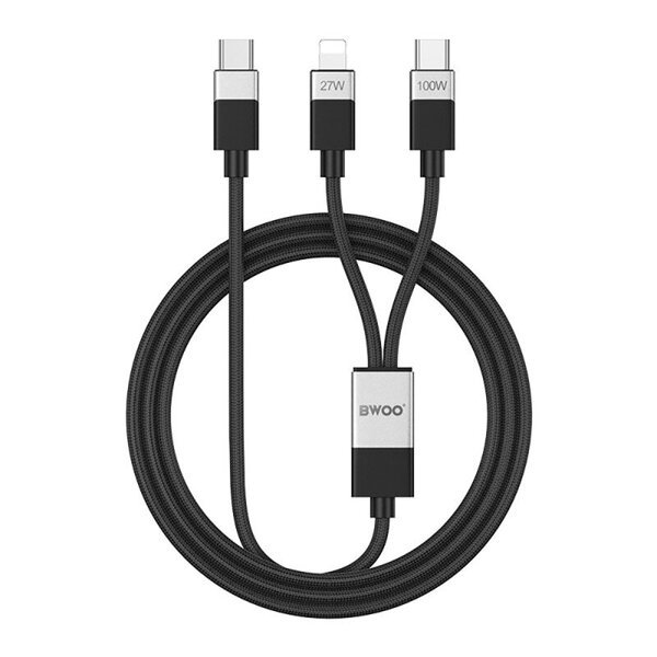 BWOO Pintas"2-in-1"kabelis USB-C - USB-C ir"Lightning"1 m 100W27W juodas