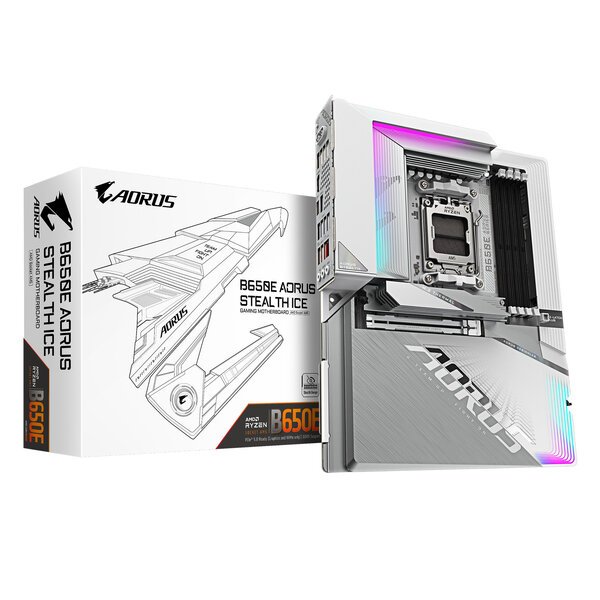 GIGABYTE B650E AORUS STEALTH ICE ATX Emolevy, AM5, DDR5, AMD Ryzen, Wi-Fi, 7.1Ääni, M.2/SATA III, UEFI, Max 192 GB RAM