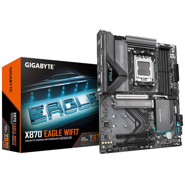 GIGABYTE X870 EAGLE WIFI7-emolevy, AMD X870, AM5-kanta, ATX-formaatti, Wi-Fi 7, Bluetooth 5.4, DDR5-tuki, 7.1-kanavainenääni, 4x DDR5, PCIe 5.0/4.0-valmius