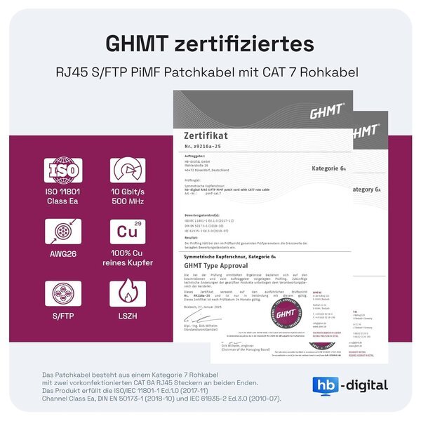 Hb-digital 3 m lan-kaapeli rj45 patch-kaapeli cat 7 raw -kaapelilla s/ftp - ghmt-sertifioitu - 10 gigabitin ethernet-verkkokaapeli kupari ammattimainen pimf patch panel switch pc-reitittimelle - valkoinen