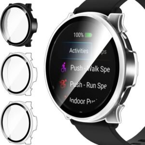 Ivoler 3 kpl kovaa pc-koteloa lasisella näytönsuojalla garmin vivoactive 5:lle, täysin peittävä suojakotelo, erittäin ohut naarmuuntumista kestävä suojakotelo, 2 läpinäkyvää + 1 musta