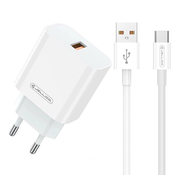 Jellico AK-165 USB 22.5W QC 3.0Älykäs Nopean Latauksen Laturi 1x USB (5-12V) + USB to USB-C Kaapeli 1m Valkoinen