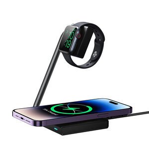 Taitettava langaton laturi 2in1 puhelimelle ja kellolle 15W MagSafe Qi, musta