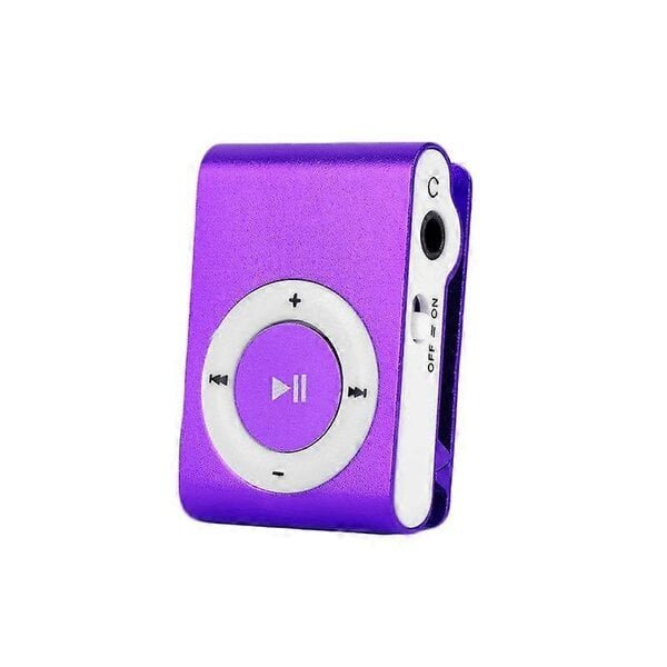 Kannettava digitaalinen musiikkisoitin kuulokkeilla ja USB-kaapelilla, violetti