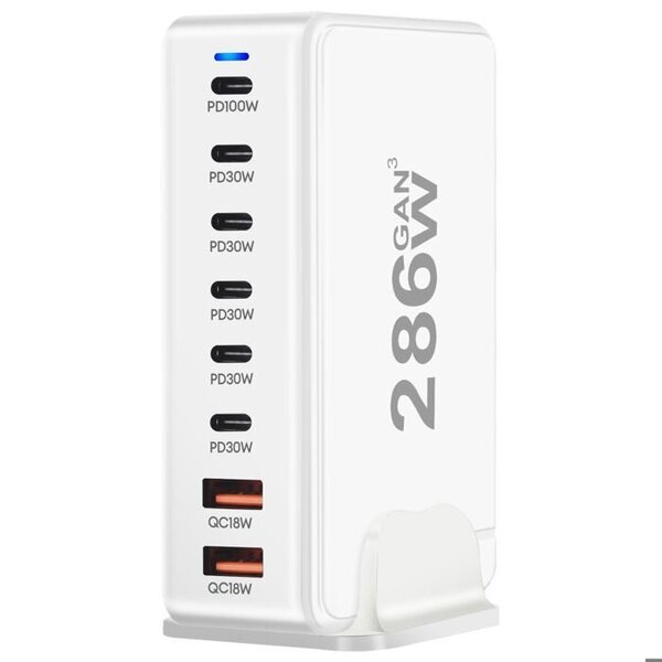 Latausasema 286W GaN 3 6x USB-C ja 2x USB EU-pistoke Valkoinen