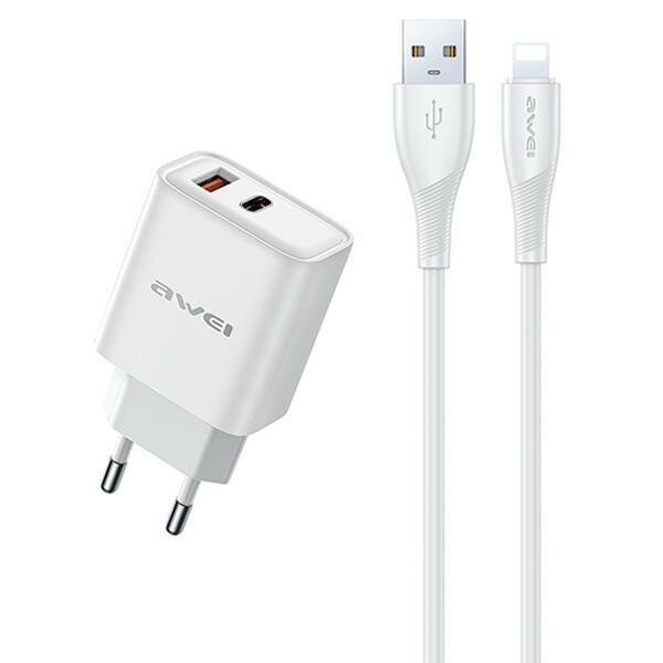 Laturi Awei PD81L-EU USB-A/USB-C + USB to Lightning cable valkoinen