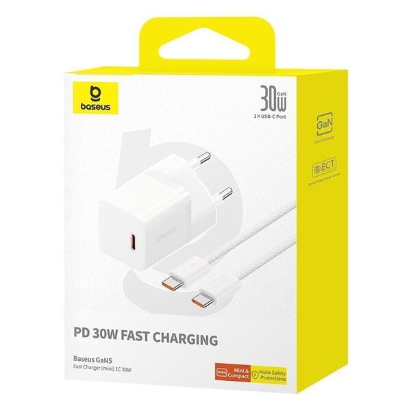 Laturi - Baseus 30W GaN5 Mini USB-C Verkkolaturi Kaapelilla Valkoinen