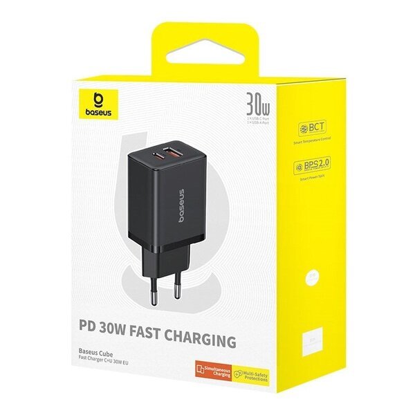 Laturi - Baseus Cube 30W USB-C / USB-A Verkkolaturi Musta