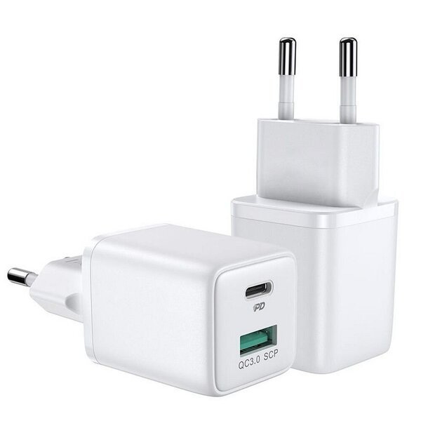 Kompakti USB ja USB-C laturi 30W, valkoinen