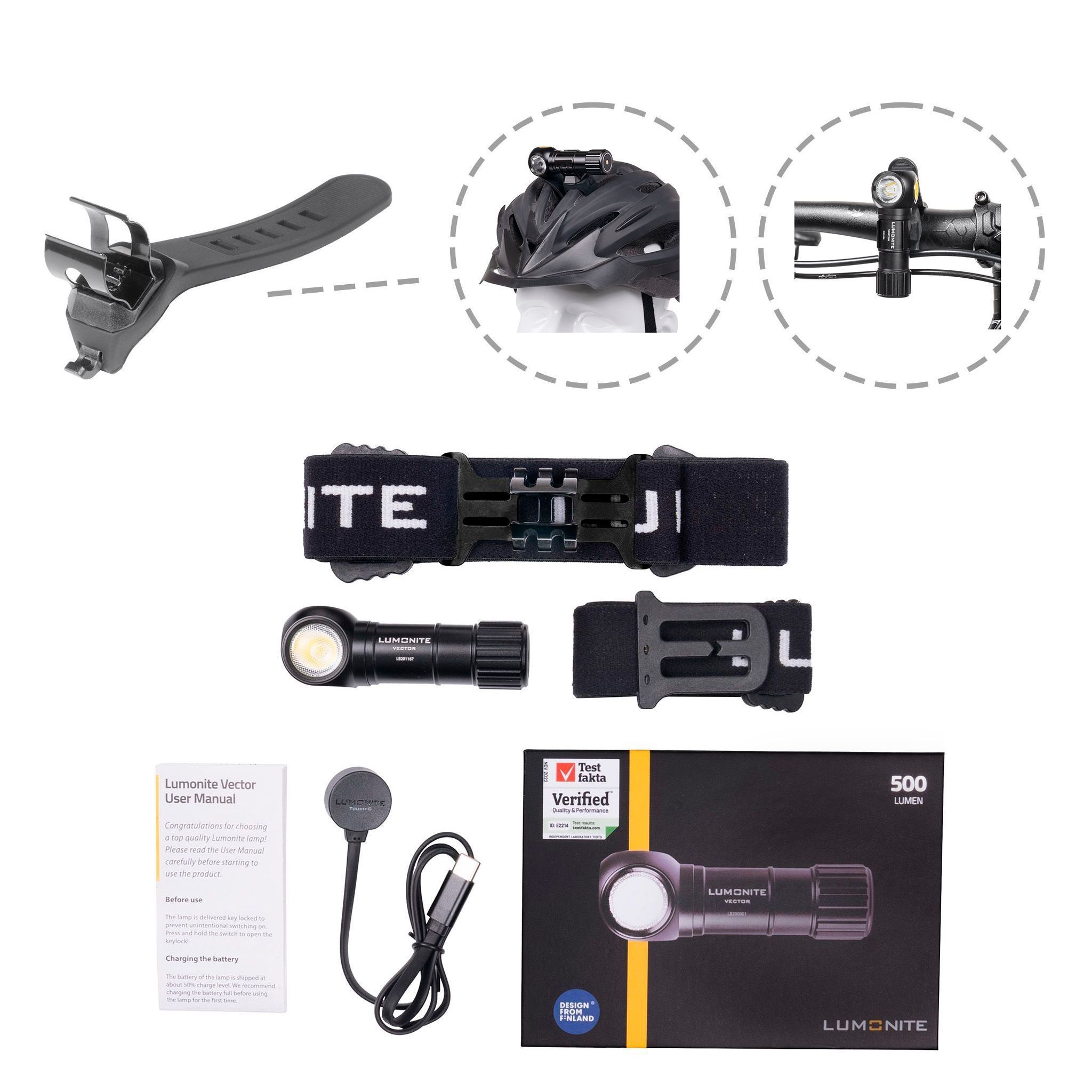 Cykelhjälmslampa LUMONITE® Vector V2 - 500 lm / Laddbar, New