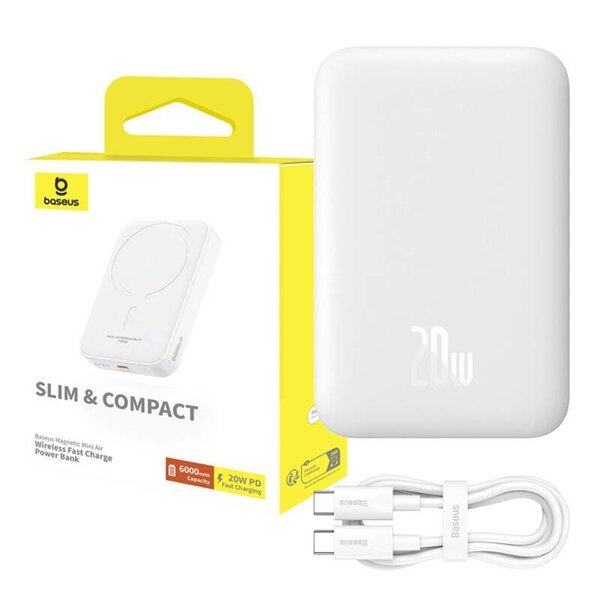 Magneettinen mini powerbank 6000mAh 20W USB-C, valkoinen