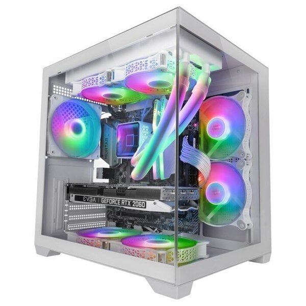 Mars Gaming MC-VIEW2, MicroATX kotelo, Kaksoislasi, 1x FRGB 120mm tuuletin, 240mm jäähdytys, Kaksoishuone, Valkoinen