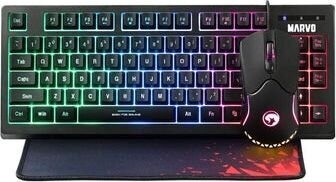 marvo cm310 en, rgb näppäimistö setti pelihiirellä ja hiirimatto, jav, pelaaminen, kalvotyyppinen kaapeli (usb), musta, läpinäkyvä