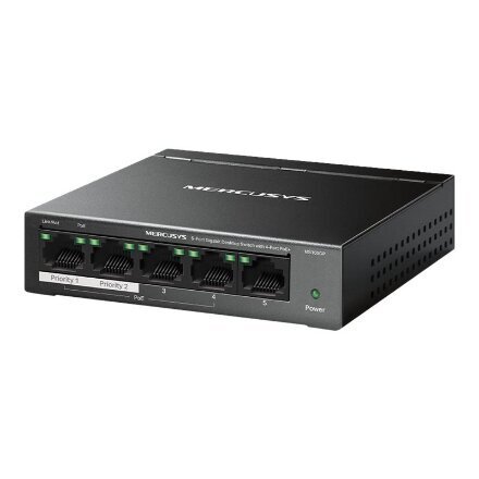 MERCUSYS Kytkin MS105GP (5xGigabit Ethernet, 4xPoE+, 65W,Äänetön)