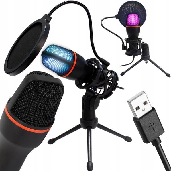 Mikrofoni suodattimella ja USB-kaapelilla,äänen tallennus, RGB-valaistus