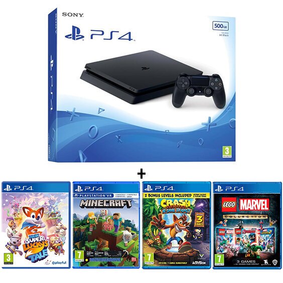 PlayStation 4 Slim 500gb Minecraft Crash Bandicoot Trilogy Lucky's Tale LEGO Marvel Collection