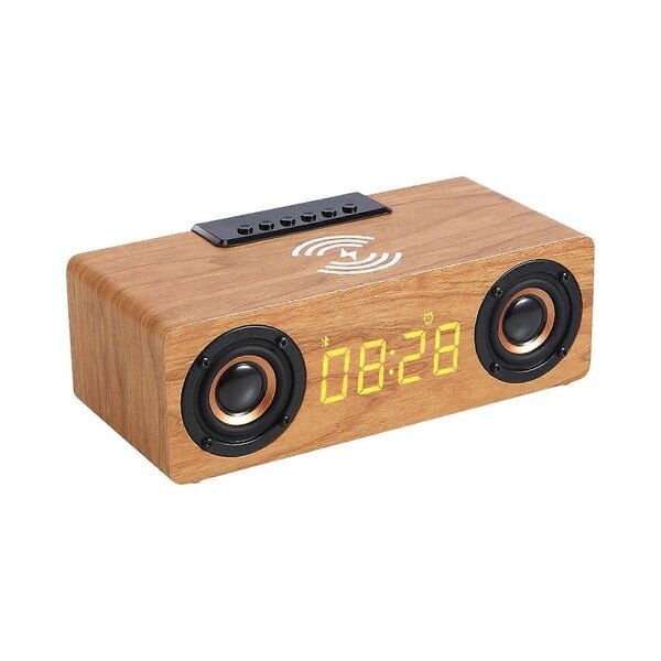 Puinen langaton laturi, Bluetooth-kaiuttimet, kello ja FM-radio, ruskea