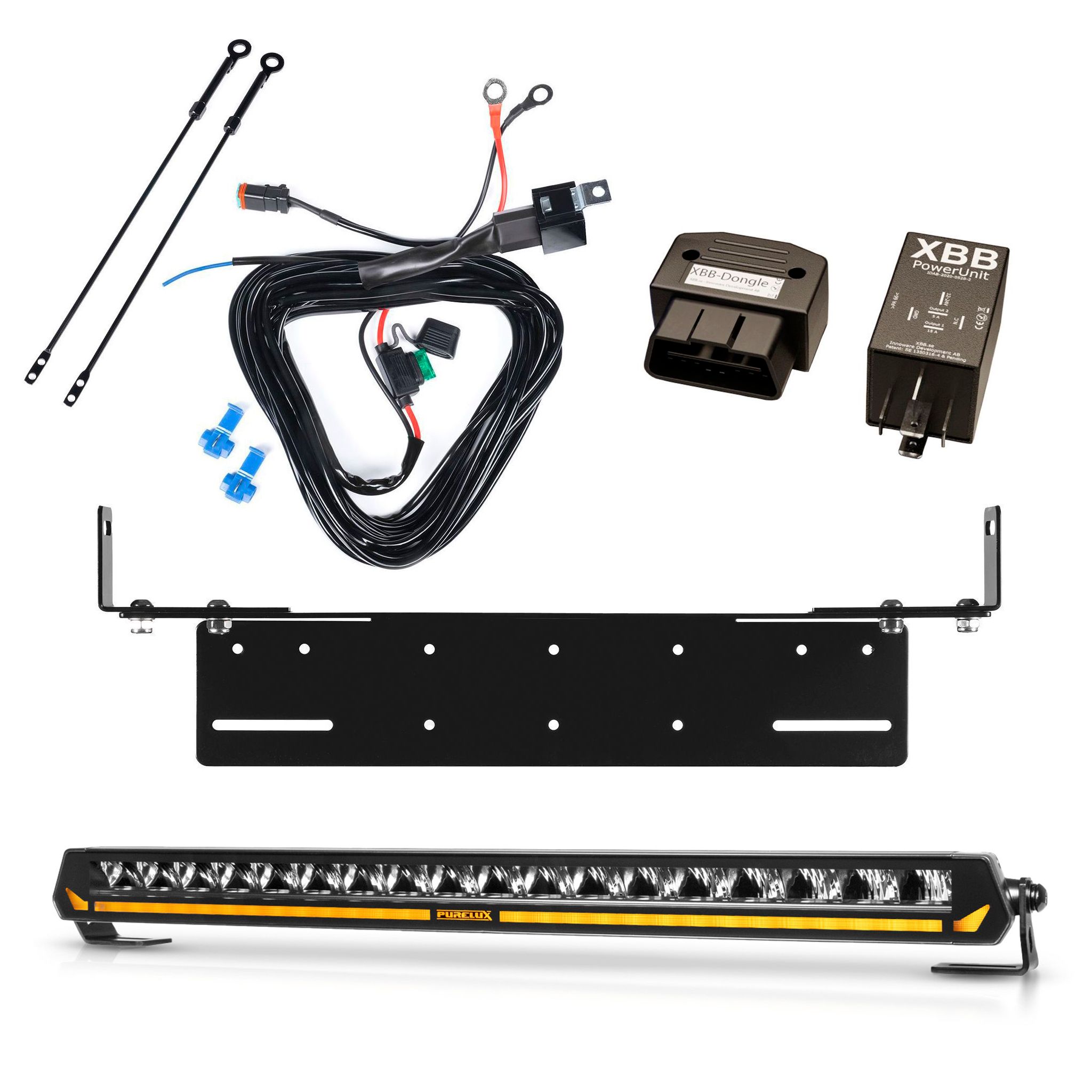 Extraljus Purelux Panther Aero C540 - Kurvad / 54 cm / 108W, 1 st - Komplett paket med justerbar extraljushållare + XBB OBD Dongle&PowerUnit