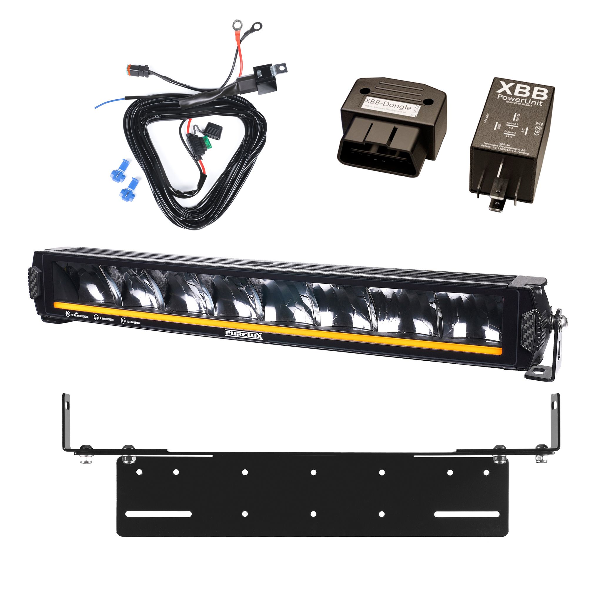 Extraljus Purelux Road Curve C550 - Kurvad / 55 cm / 120W, 1 st - Komplett paket med infälld montering + XBB OBD Dongle&PowerUnit