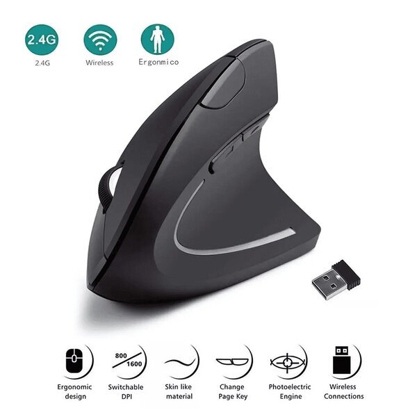 Pystyhiiri Ergonominen 2.4GHz Langaton Optinen Hiiri 3 Säädettävää DPI:tä 6 Painiketta