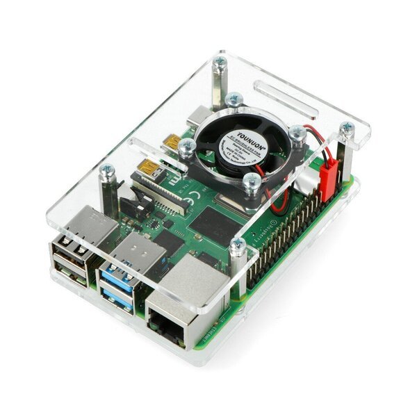 Raspberry Pi 4B/3B+/3B/2B kotelo, avattava, tuulettimella - läpinäkyvä - läpinäkyvä