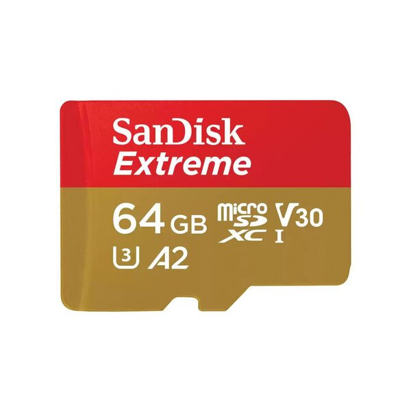 SanDisk Extreme microSDXC 64GB A2 V30, 170MB/s, UHS-I, Adapter, Takuu 30v, Czerwony/Złoty