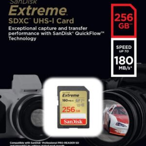 SanDisk Extreme SDXC 256GB Muistikortti, 180/130 MB/s A2, Luokka 10, UHS-I, Lämpötila-alue -40°C - 85°C, Ilman Adapteria ja USB-lukijaa