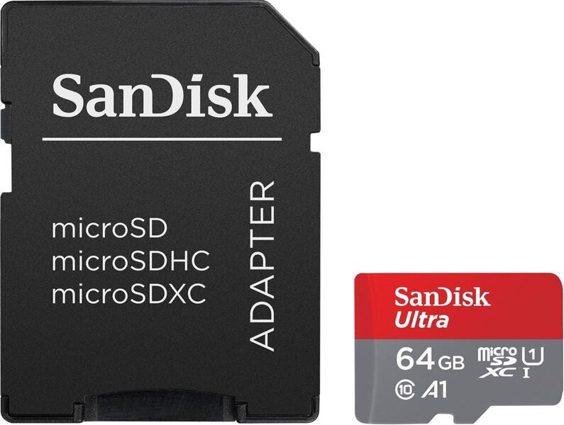 SanDisk Ultra MicroSDXC 64GB muistikortti (140 MB/s, A1 Luokka 10 UHS-I) + sovitin