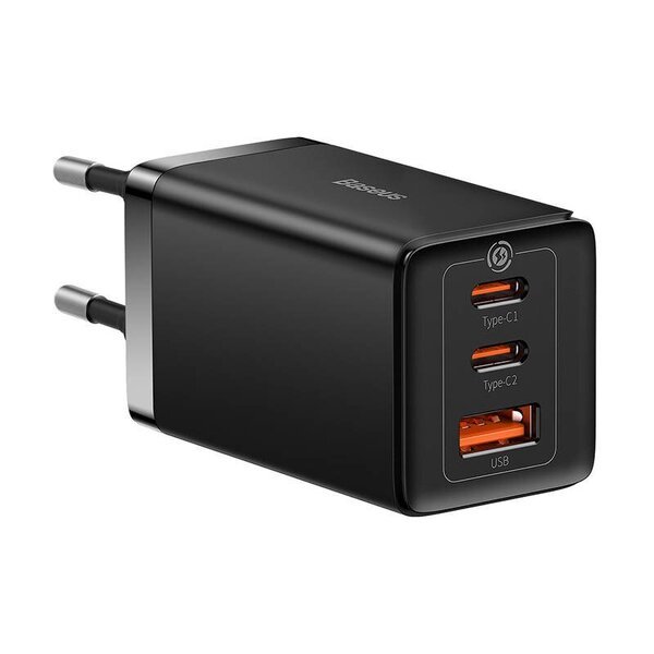 Nopea GaN-laturi 2x USB-C USB 65W USB-C-kaapelilla, musta