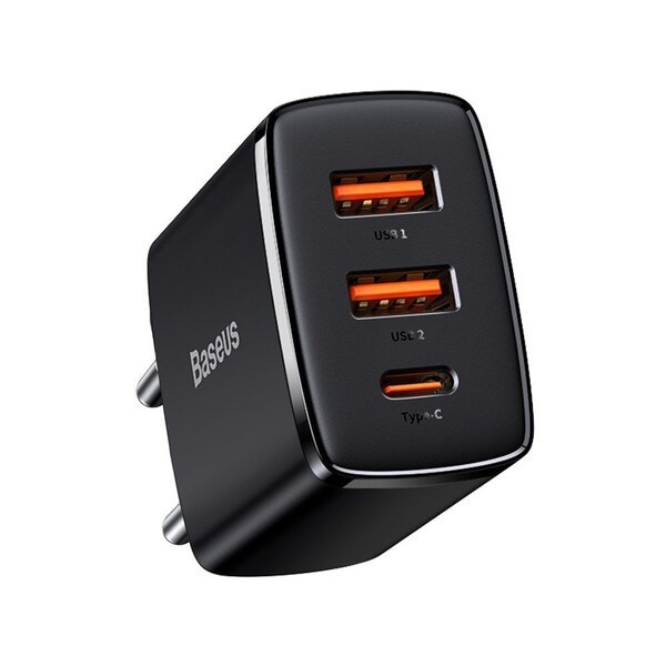 Seinäpikalaturi 30 W 2xUSB + USB-C QC3.0 PD3.0, musta
