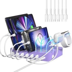 Soopii usean laitteen latausasema, 50w 6-porttinen multi-usb-latausasema 2-in-1 i-watch -lataustelineellä ja 6 latauskaapelilla, suunniteltu ipadille, matkapuhelimille, tableteille ja muille (violetti)