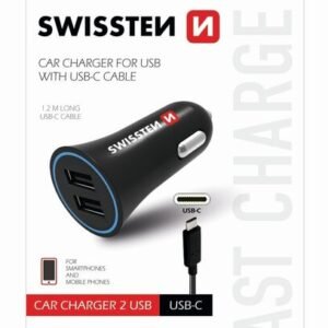 Swissten Premium Car charger 12 / 24V / 1A + 2.1A + USB-C Data Cable 100 cm Black