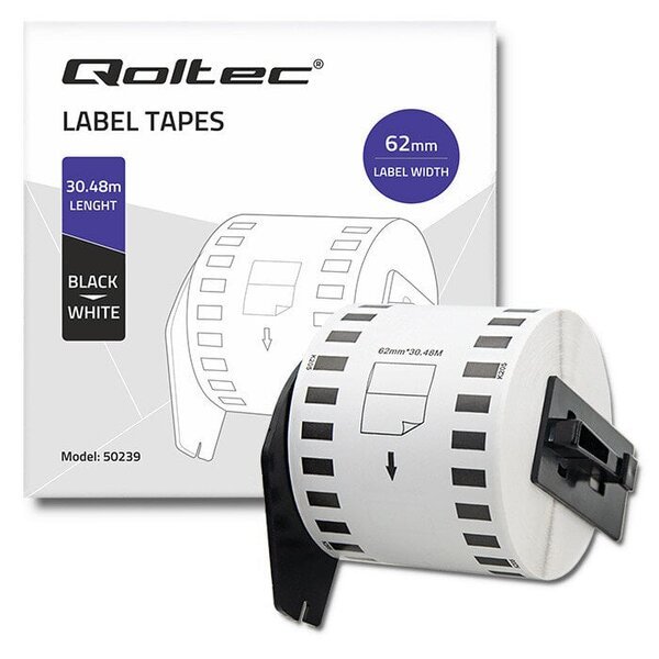 Teippi brother dk-22205 62mm x 30.48m valkoinen/ musta tulostin rulla kahvalla Qoltec