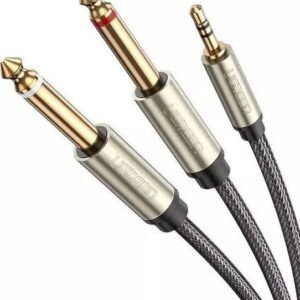 Analoginen audiojohto mini jack 3,5 mm - 2 x jack 6,35 mm, 2m, harmaa